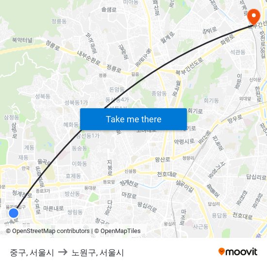 중구, 서울시 to 노원구, 서울시 map