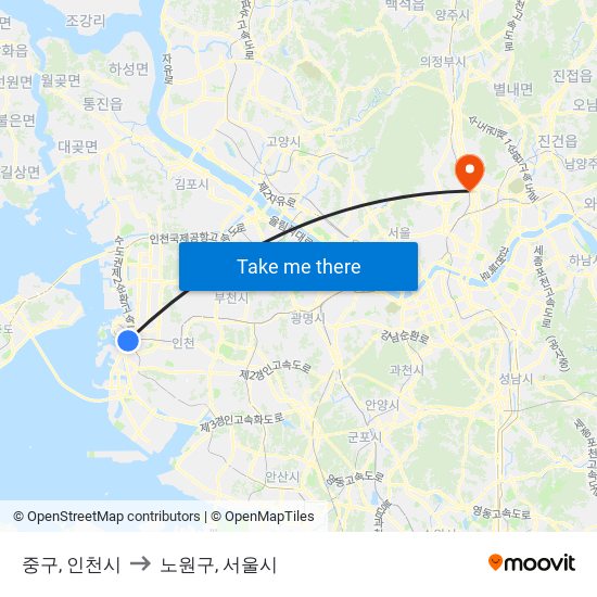 중구, 인천시 to 노원구, 서울시 map