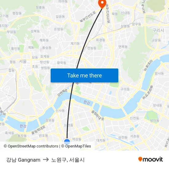 강남 Gangnam to 노원구, 서울시 map