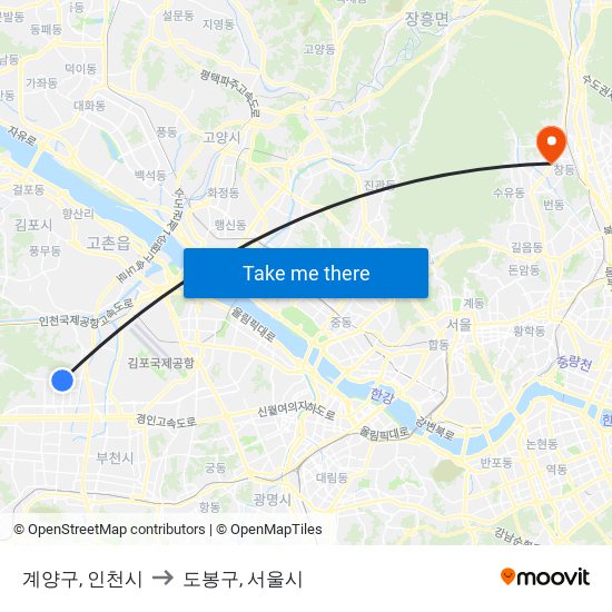 계양구, 인천시 to 도봉구, 서울시 map