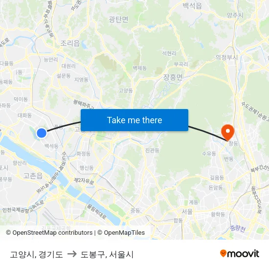 고양시, 경기도 to 도봉구, 서울시 map