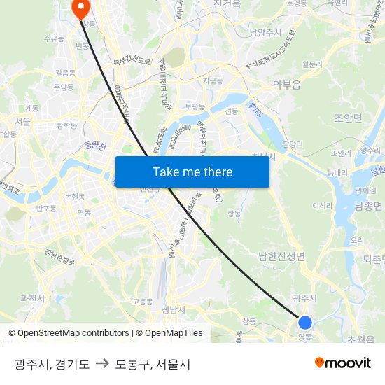 광주시, 경기도 to 도봉구, 서울시 map