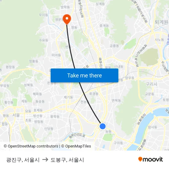 광진구, 서울시 to 도봉구, 서울시 map