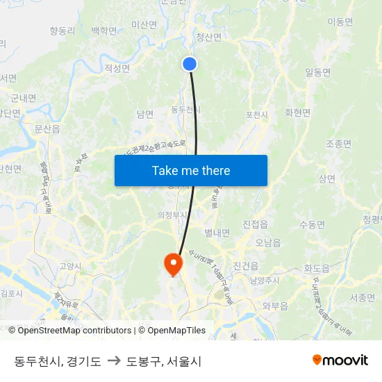 동두천시, 경기도 to 도봉구, 서울시 map