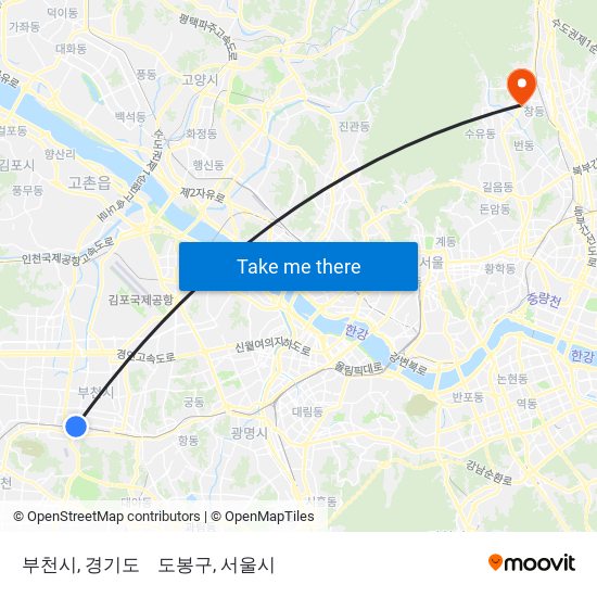 부천시, 경기도 to 도봉구, 서울시 map