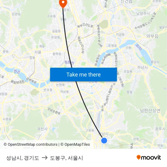 성남시, 경기도 to 도봉구, 서울시 map