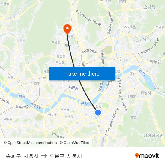 송파구, 서울시 to 도봉구, 서울시 map
