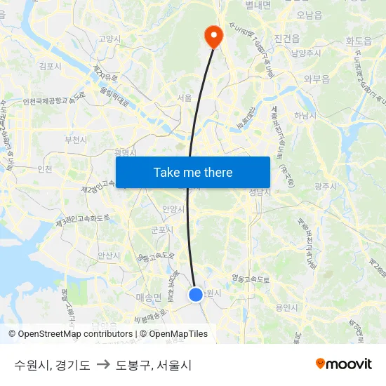 수원시, 경기도 to 도봉구, 서울시 map