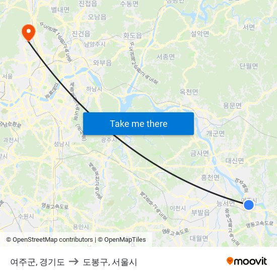 여주군, 경기도 to 도봉구, 서울시 map