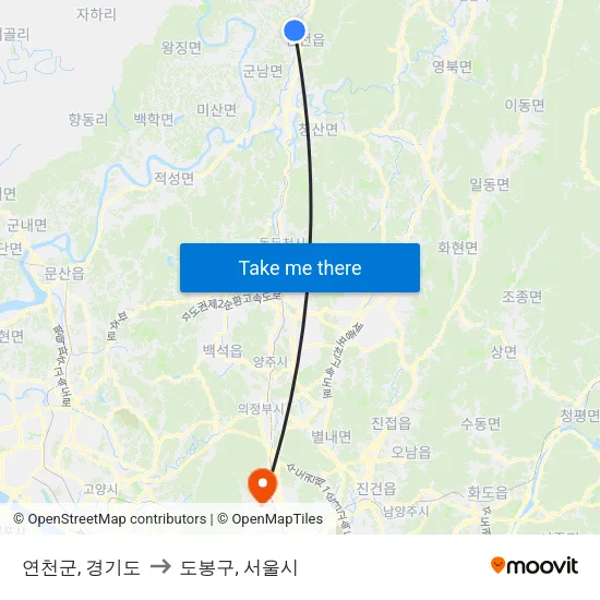 연천군, 경기도 to 도봉구, 서울시 map