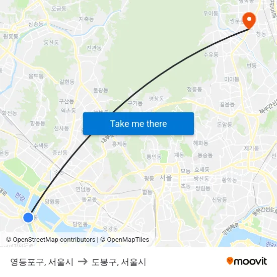 영등포구, 서울시 to 도봉구, 서울시 map