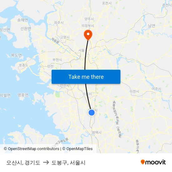 오산시, 경기도 to 도봉구, 서울시 map
