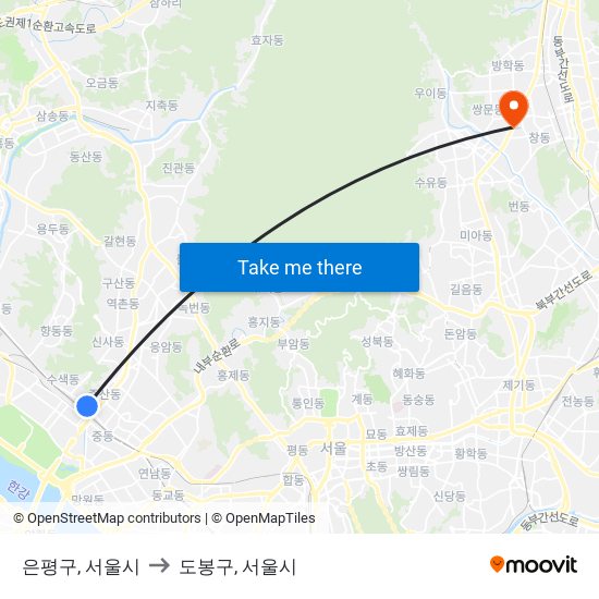 은평구, 서울시 to 도봉구, 서울시 map