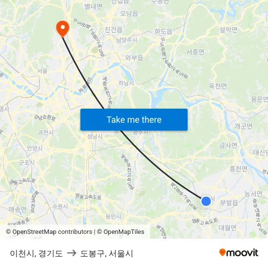 이천시, 경기도 to 도봉구, 서울시 map