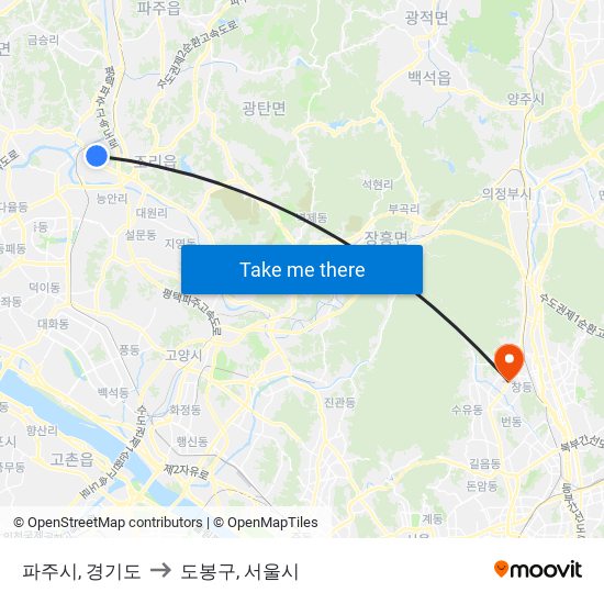 파주시, 경기도 to 도봉구, 서울시 map