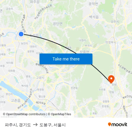 파주시, 경기도 to 도봉구, 서울시 map