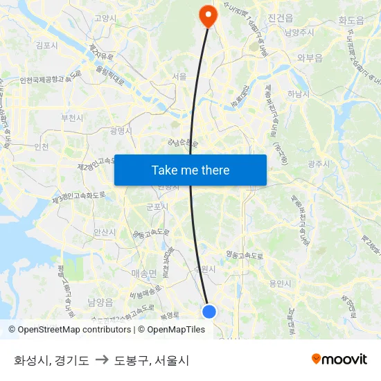 화성시, 경기도 to 도봉구, 서울시 map