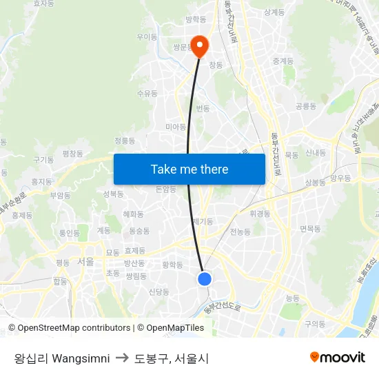 왕십리 Wangsimni to 도봉구, 서울시 map