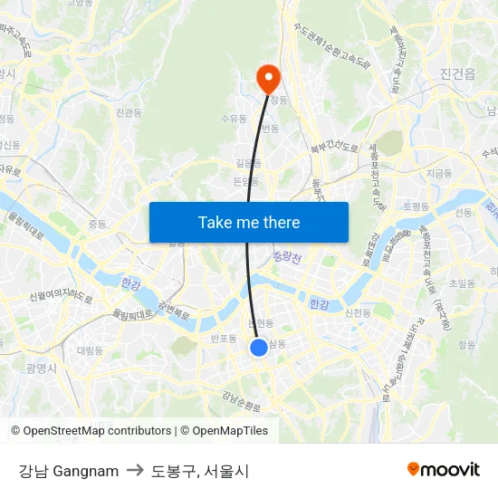 강남 Gangnam to 도봉구, 서울시 map