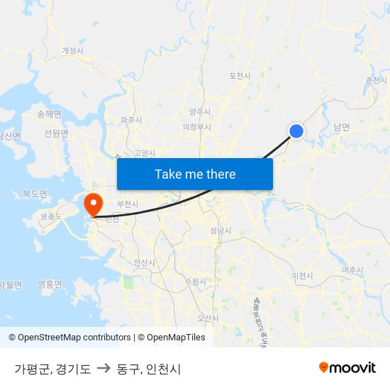 가평군, 경기도 to 동구, 인천시 map