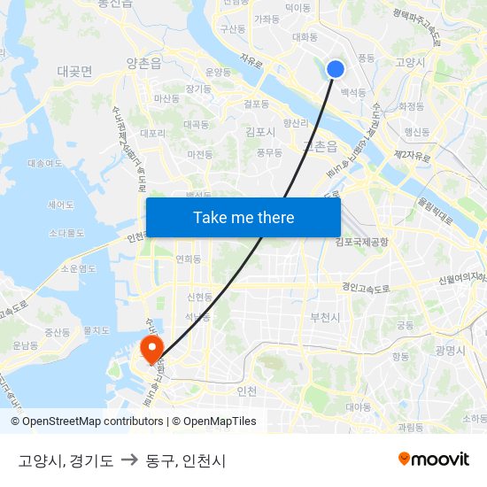 고양시, 경기도 to 동구, 인천시 map