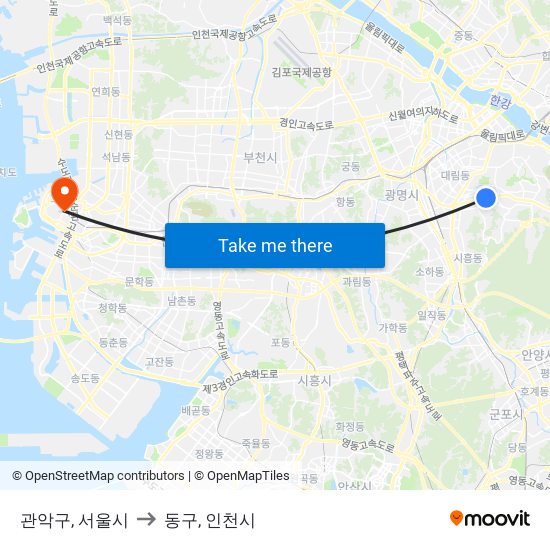 관악구, 서울시 to 동구, 인천시 map