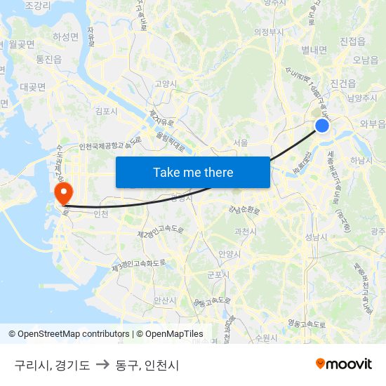 구리시, 경기도 to 동구, 인천시 map