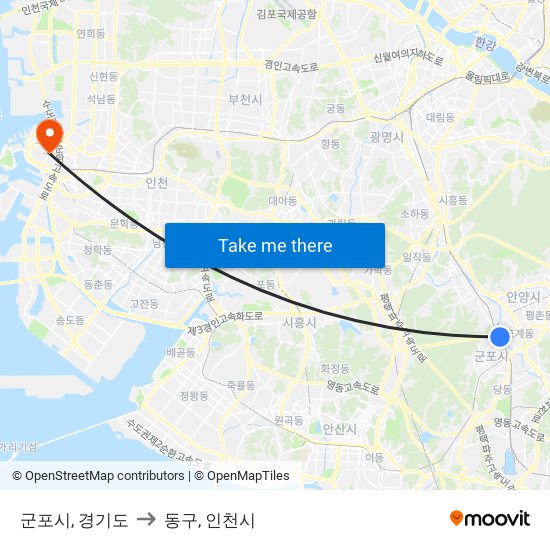 군포시, 경기도 to 동구, 인천시 map