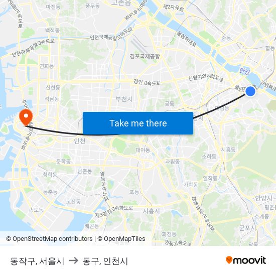 동작구, 서울시 to 동구, 인천시 map