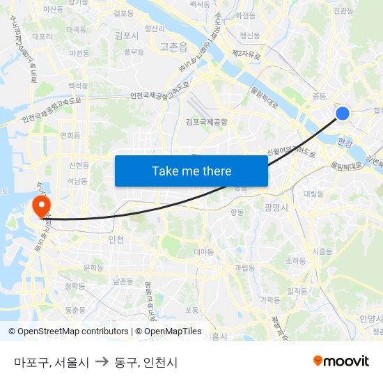 마포구, 서울시 to 동구, 인천시 map
