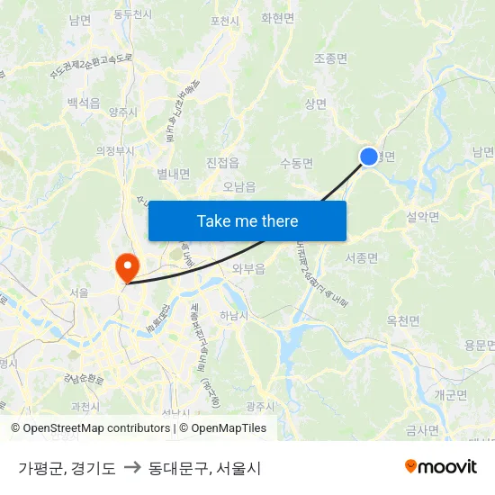 가평군, 경기도 to 동대문구, 서울시 map