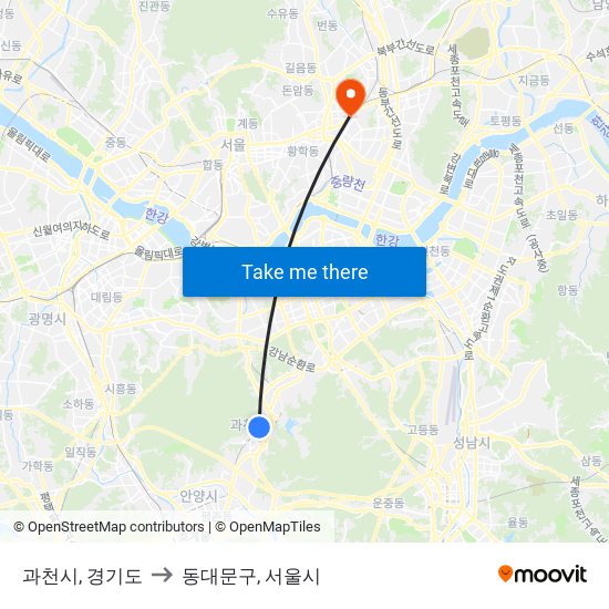 과천시, 경기도 to 동대문구, 서울시 map