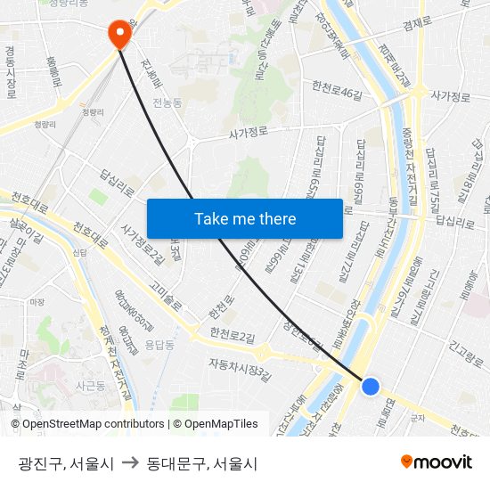 광진구, 서울시 to 동대문구, 서울시 map