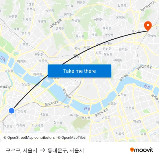 구로구, 서울시 to 동대문구, 서울시 map