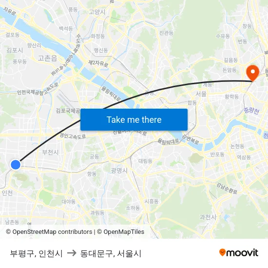 부평구, 인천시 to 동대문구, 서울시 map