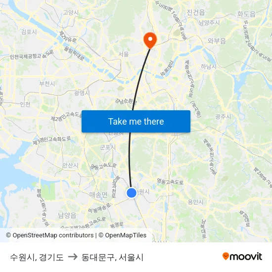 수원시, 경기도 to 동대문구, 서울시 map