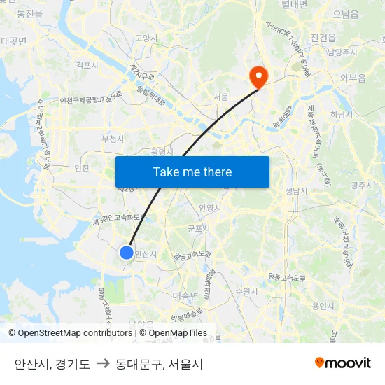 안산시, 경기도 to 동대문구, 서울시 map