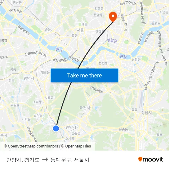 안양시, 경기도 to 동대문구, 서울시 map
