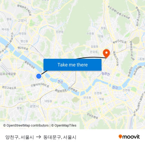 양천구, 서울시 to 동대문구, 서울시 map