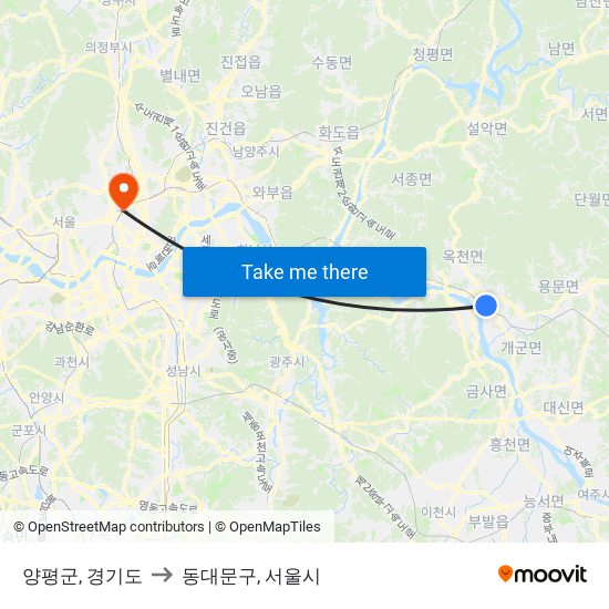 양평군, 경기도 to 동대문구, 서울시 map