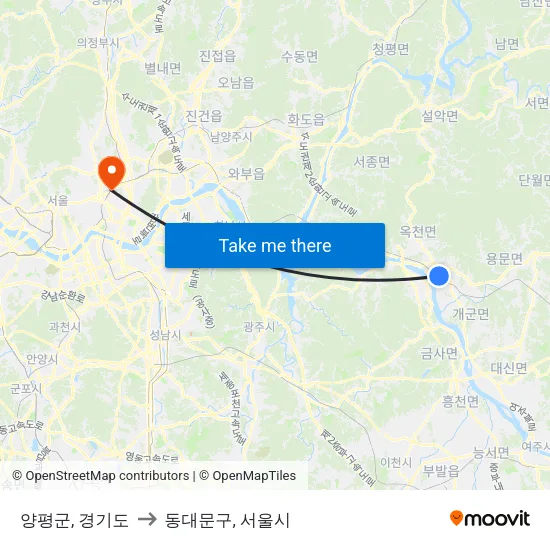 양평군, 경기도 to 동대문구, 서울시 map