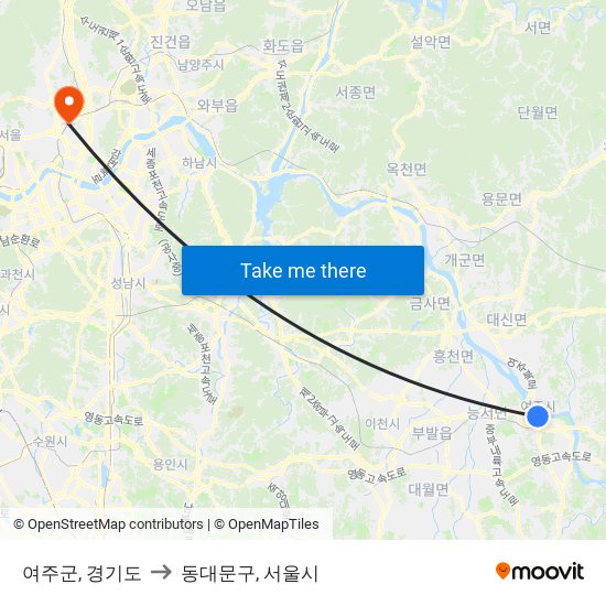 여주군, 경기도 to 동대문구, 서울시 map
