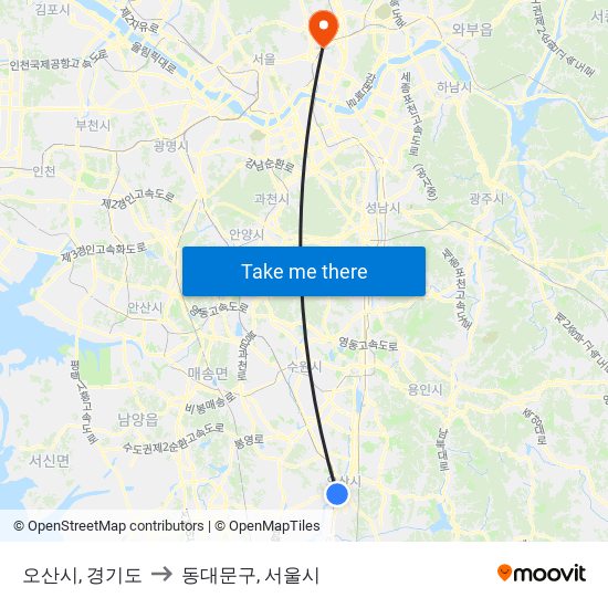 오산시, 경기도 to 동대문구, 서울시 map