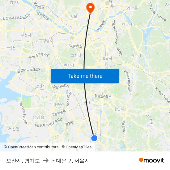 오산시, 경기도 to 동대문구, 서울시 map