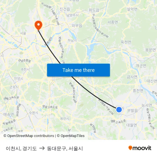 이천시, 경기도 to 동대문구, 서울시 map