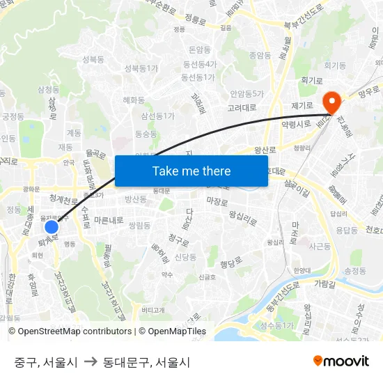 중구, 서울시 to 동대문구, 서울시 map