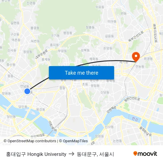 홍대입구 Hongik University to 동대문구, 서울시 map