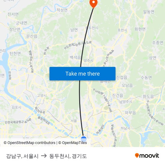 강남구, 서울시 to 동두천시, 경기도 map