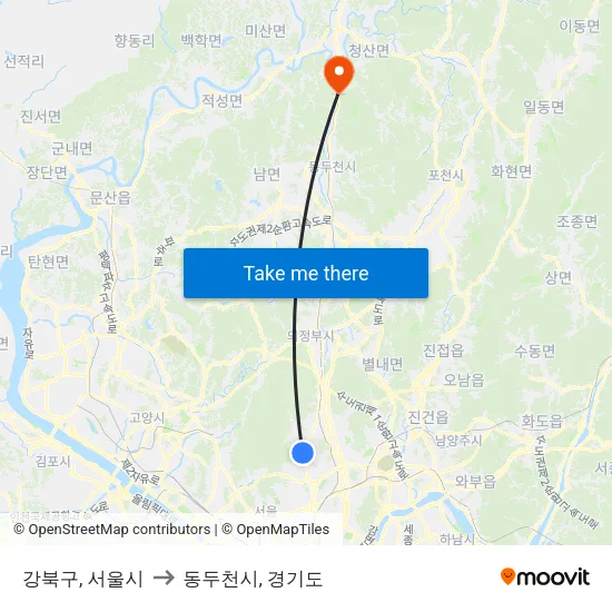강북구, 서울시 to 동두천시, 경기도 map