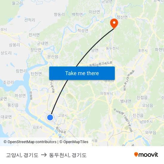 고양시, 경기도 to 동두천시, 경기도 map